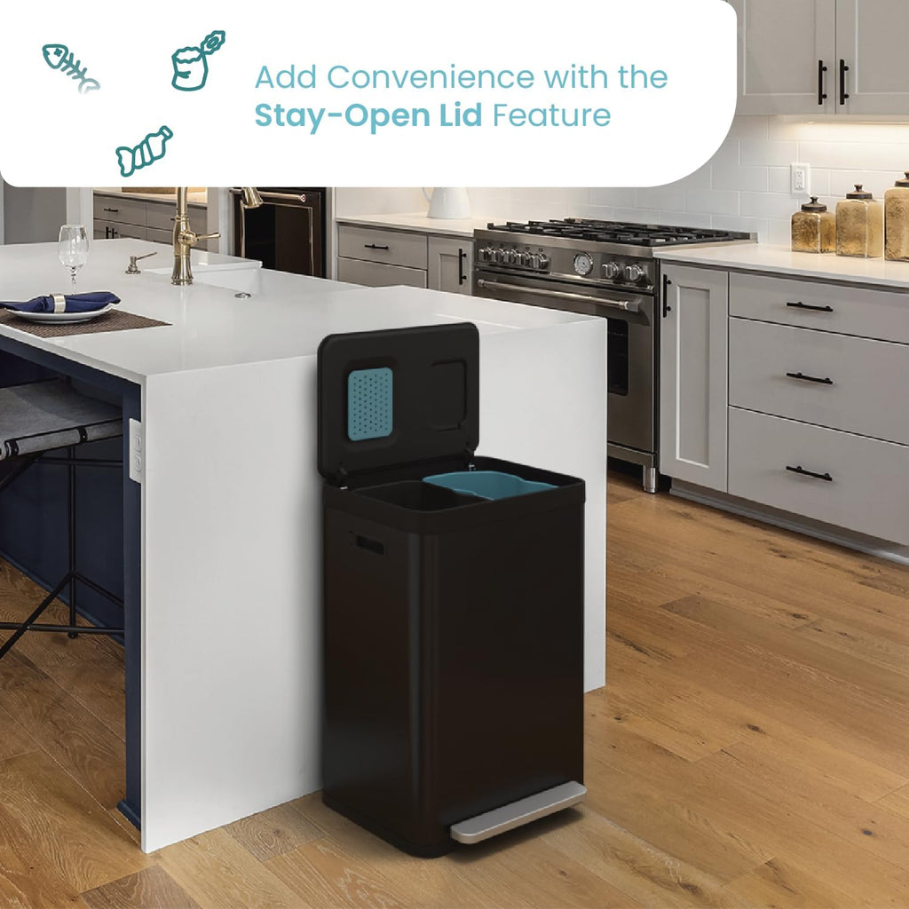 Home Zone Living 19 Gallon Kitchen Trash Can with Dual Compartments for Recycling, CleanAura Odor Control, Stainless Steel, Matte Black, 70 Liters Total