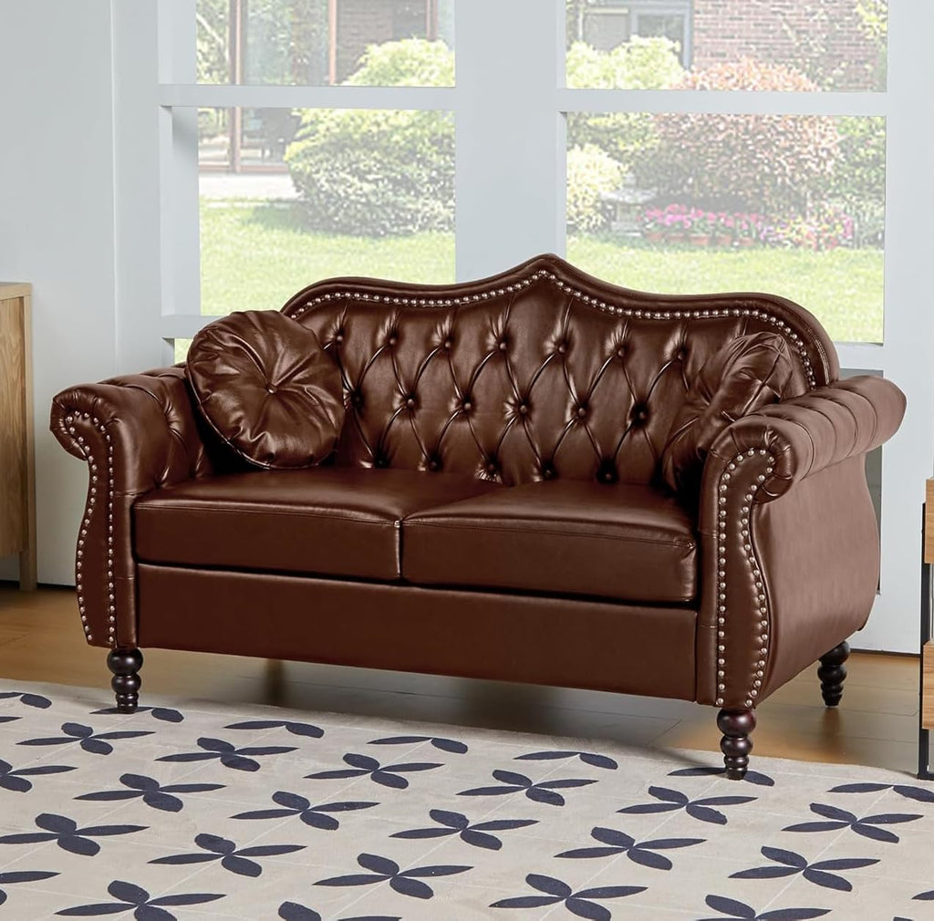 AVZEAR Chesterfield 3-Piece Living Room Sectional Sofa Set, Mid-Century Modern Upholstered PU Couch, Classic Tufted Button Sofa with Nailhead Trim for Living Room, Office (Brown)