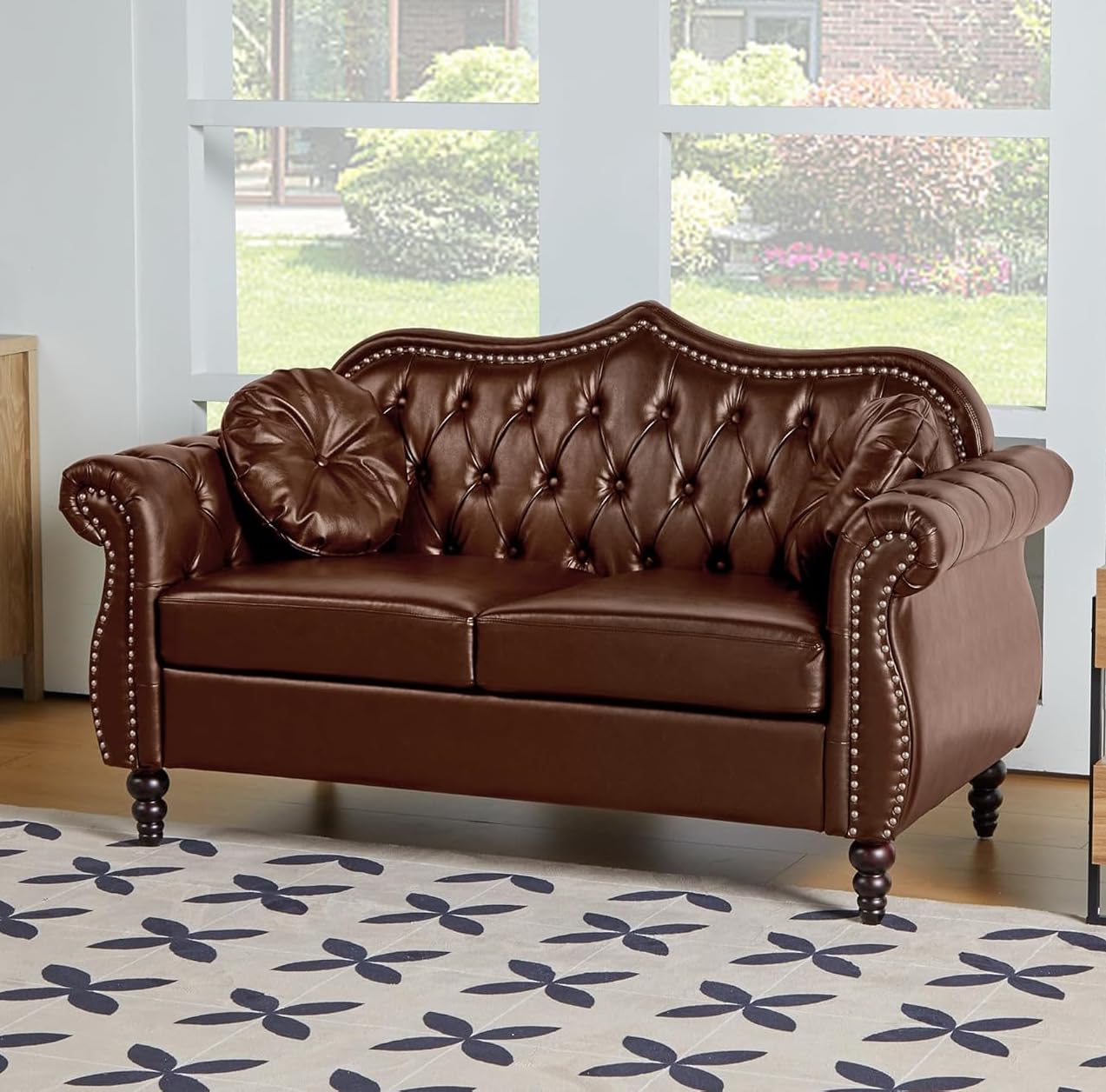 AVZEAR Chesterfield 3-Piece Living Room Sectional Sofa Set, Mid-Century Modern Upholstered PU Couch, Classic Tufted Button Sofa with Nailhead Trim for Living Room, Office (Brown)