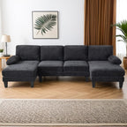 Karl home U-Shape Sectional Sofa Couch 111" Modern 4-Seat Sofa with Chaises Chenille Fabric Upholstered Covertible Couch with Wood Grain Legs for Living Room, Reception Room, Apartment, Black