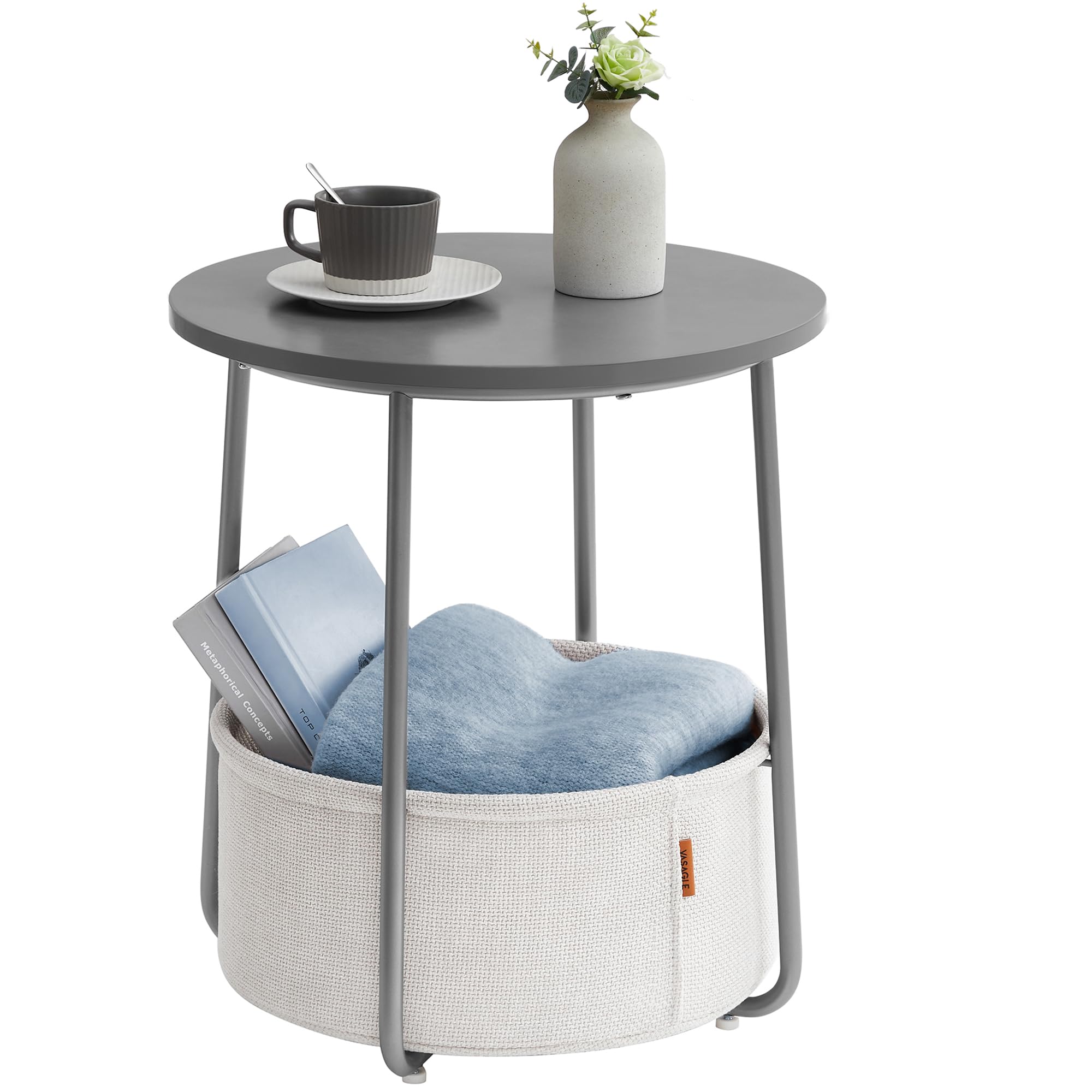 VASAGLE Small Round Side End Table, Modern Nightstand with Fabric Basket, Matte White and Camel Brown ULET223W10