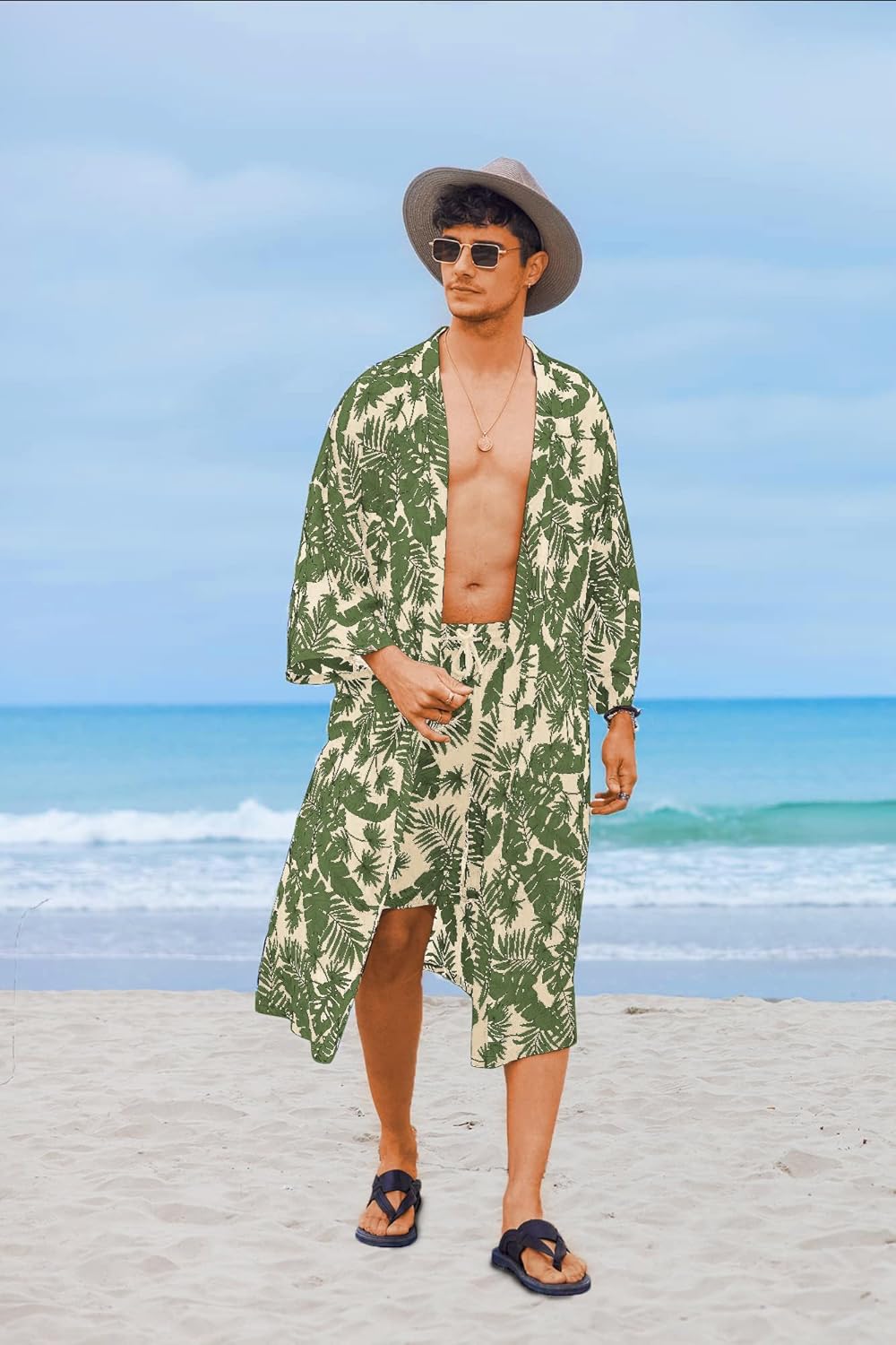 COOFANDY Men Lightweight 2 Piece Kimono Robe with Shorts Japanese Robes Casual Open Front Long Cardigan With Belt