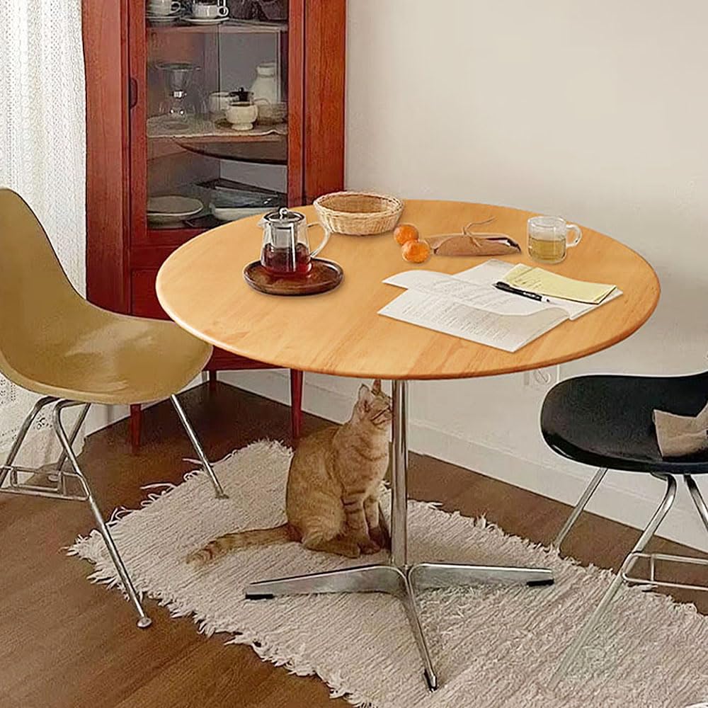 Dark Brown Round Solid Wood Dining Table Dining Furniture with Metal Crossed Base, 27.6" W Mid Century Modern Small Table Round for Office Small Coffee Table for 2-4