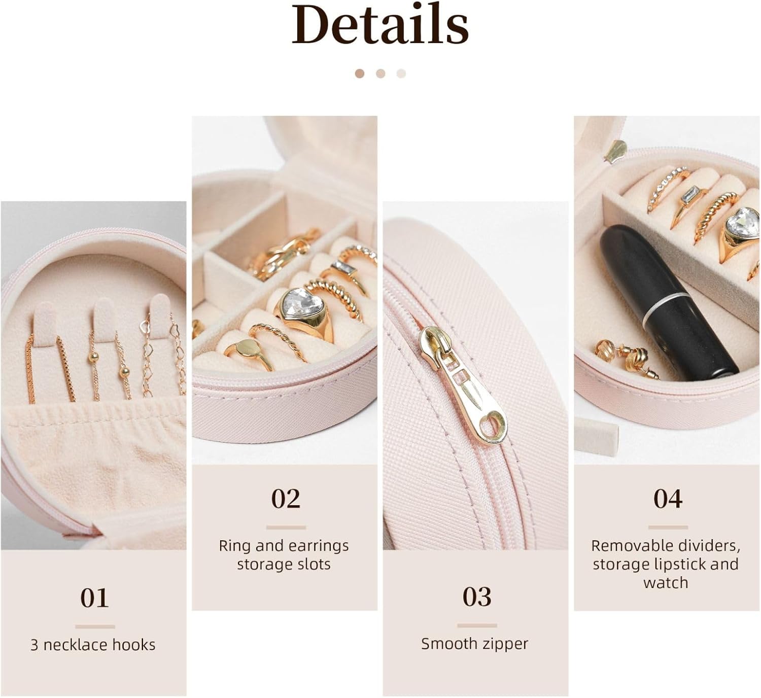 Petoskey Stone Jewelry Case Small Jewelry Box Gift for Women Leather Travel Jewelry Organizer Round Storage Purse with Zipper Display Storage Box for Rings Earrings Necklaces