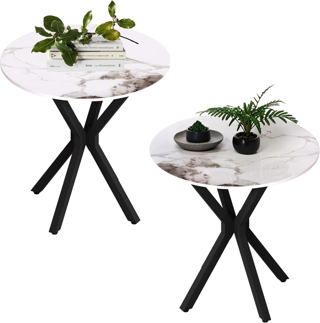Round Marble Side Table Set of 2, Modern Style End Table with Sintered Stone Top and Black Metal Legs, Small Sofa Coffee Table for Living Room Bedroom (White, 20" x 20 "x 22")
