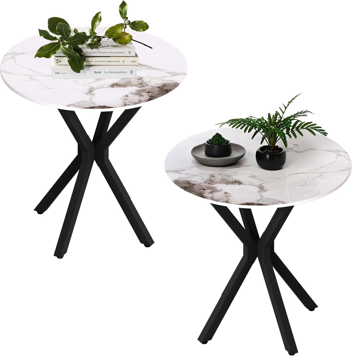 Round Marble Side Table Set of 2, Modern Style End Table with Sintered Stone Top and Black Metal Legs, Small Sofa Coffee Table for Living Room Bedroom (White, 20" x 20 "x 22")