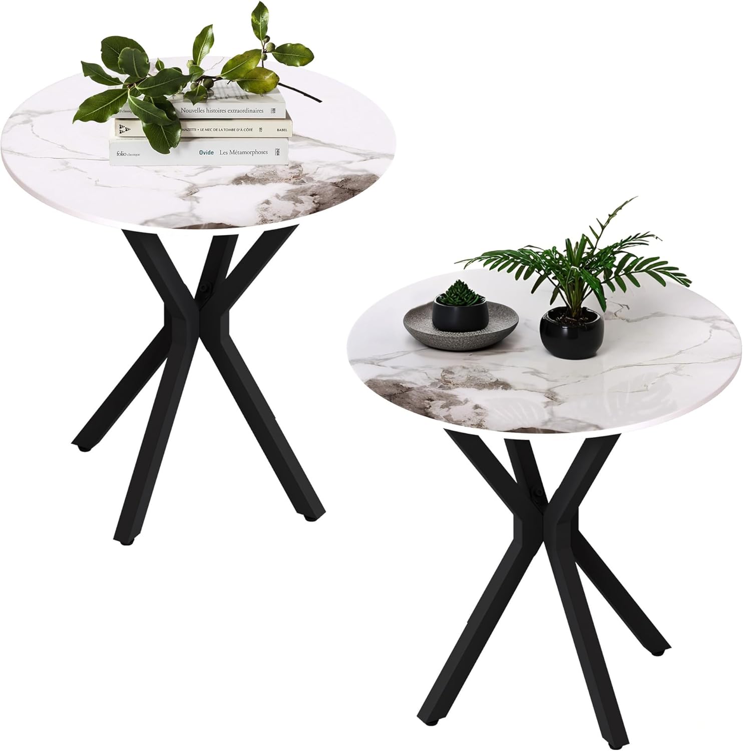 Round Marble Side Table Set of 2, Modern Style End Table with Sintered Stone Top and Black Metal Legs, Small Sofa Coffee Table for Living Room Bedroom (White, 20" x 20 "x 22")