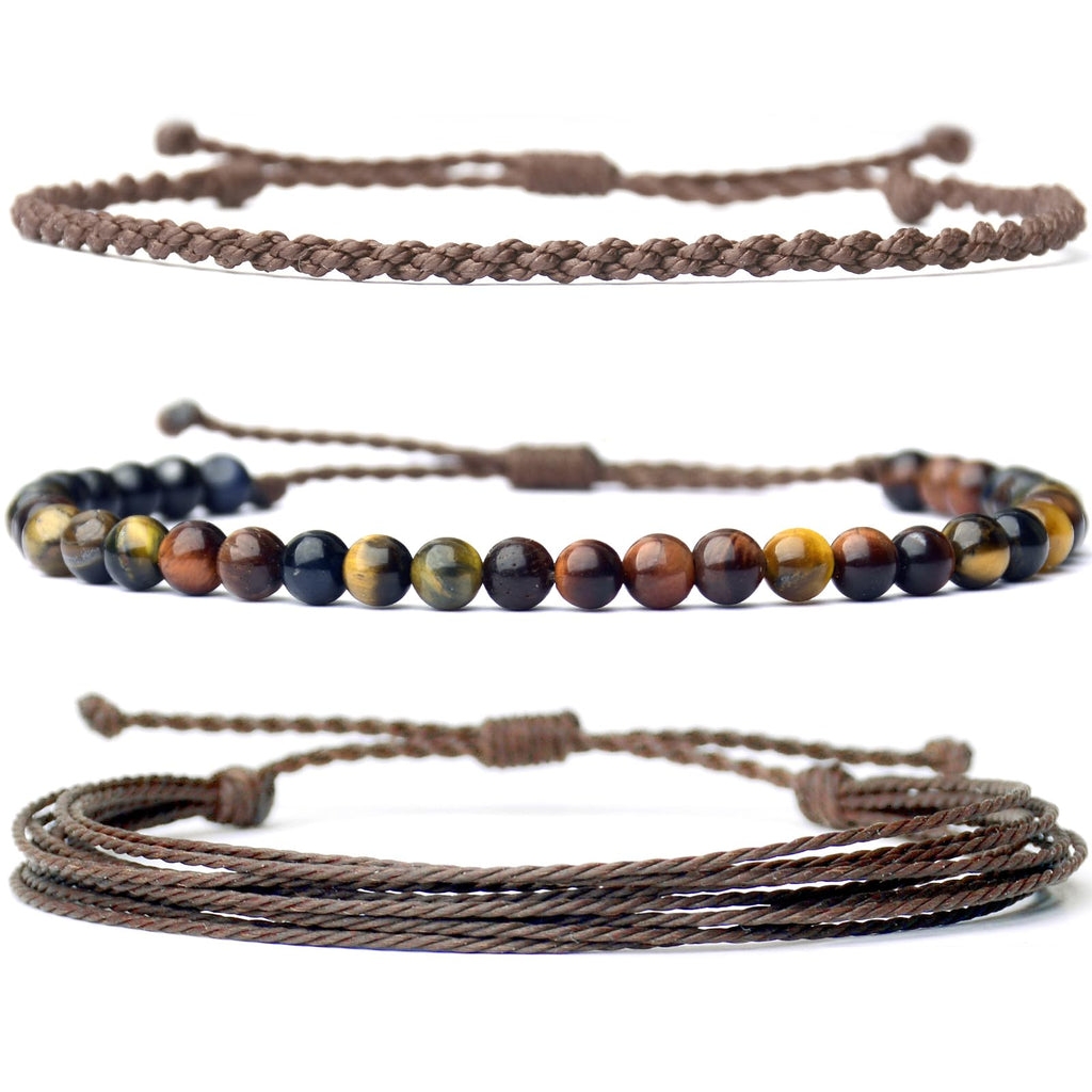 Handmade Natural Stone Beaded Healing Bracelet Gift for Men Adjustable Rope String Bracelet (Lava Rock, Adjustable)