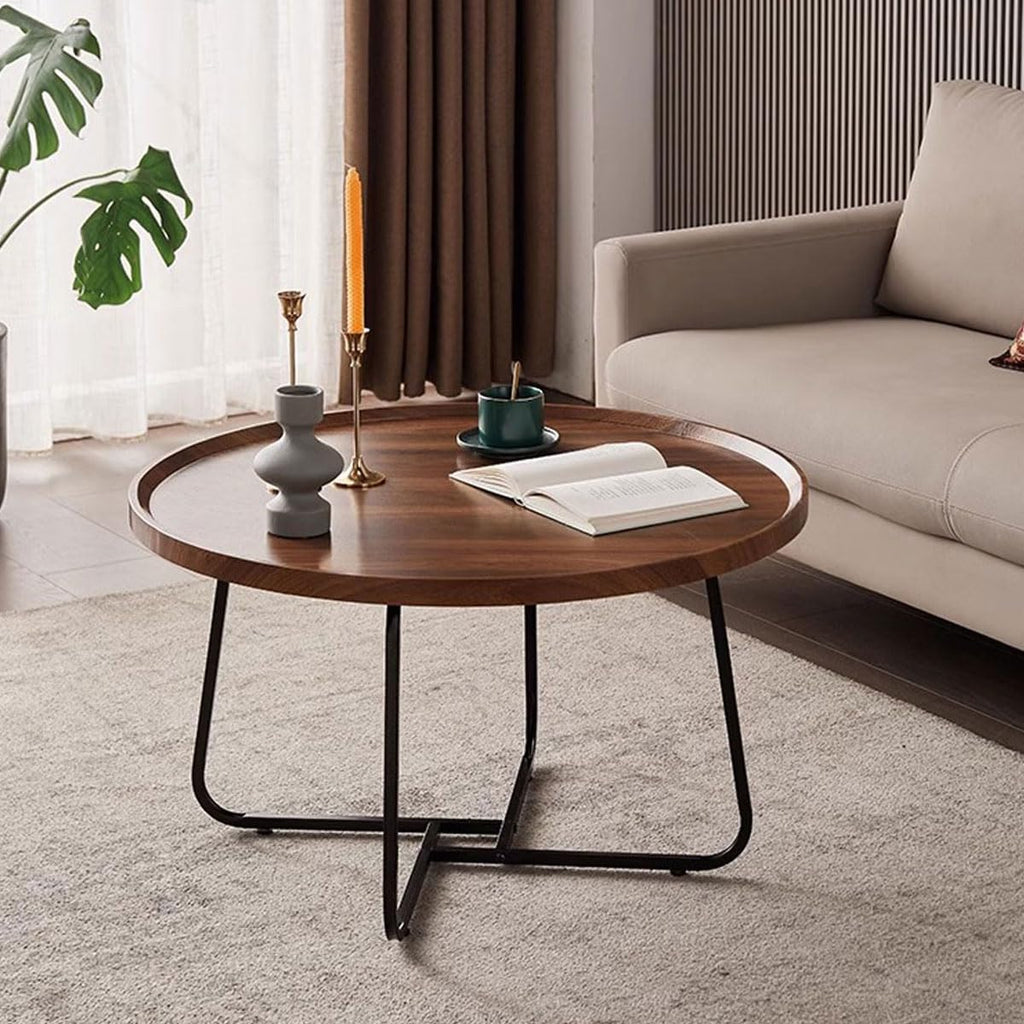 20 inches Round Coffee Table, Wooden Surface Top & Sturdy Metal Legs Coffee Table with Fluted, End Table for Living Room Bedroom Office Balcony Yard (Walnut, 20 inches)