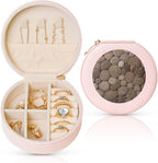 Petoskey Stone Jewelry Case Small Jewelry Box Gift for Women Leather Travel Jewelry Organizer Round Storage Purse with Zipper Display Storage Box for Rings Earrings Necklaces