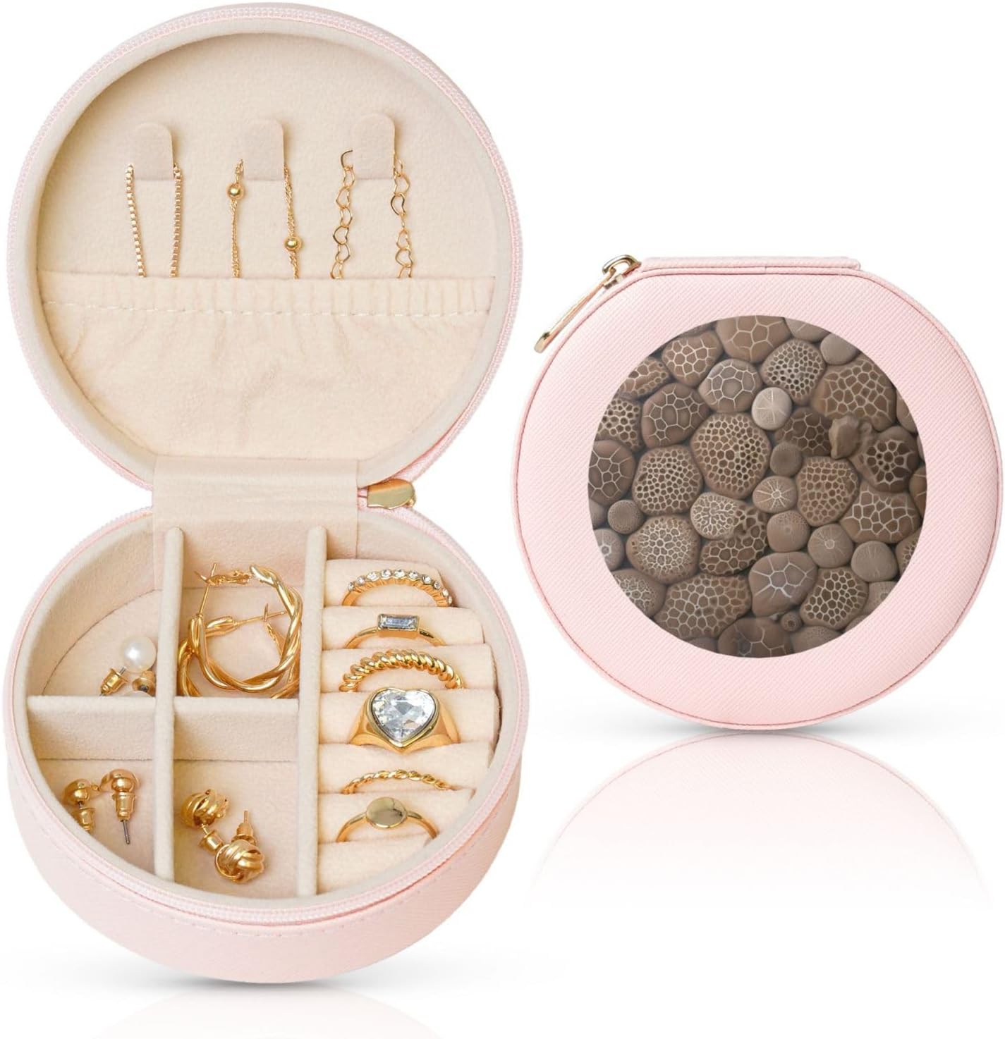 Petoskey Stone Jewelry Case Small Jewelry Box Gift for Women Leather Travel Jewelry Organizer Round Storage Purse with Zipper Display Storage Box for Rings Earrings Necklaces