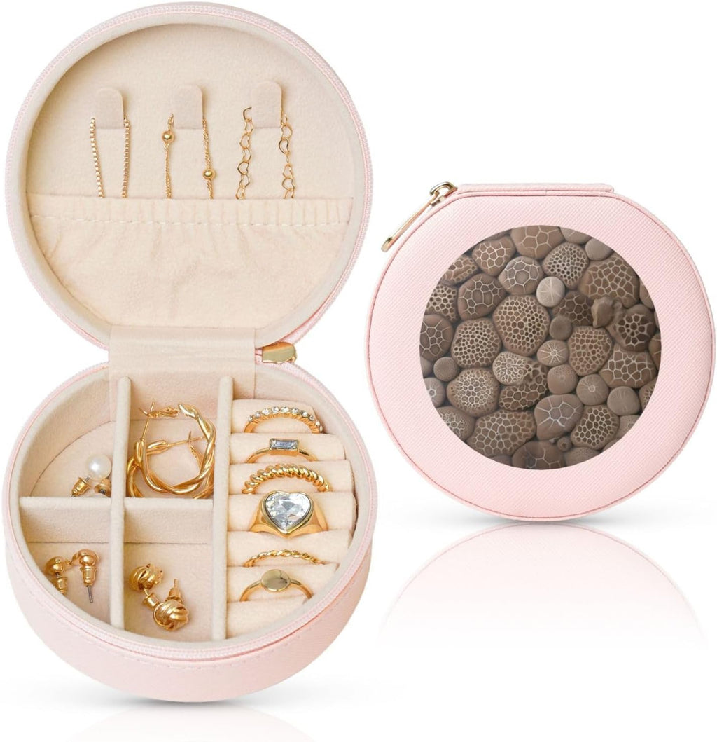 Petoskey Stone Jewelry Case Small Jewelry Box Gift for Women Leather Travel Jewelry Organizer Round Storage Purse with Zipper Display Storage Box for Rings Earrings Necklaces