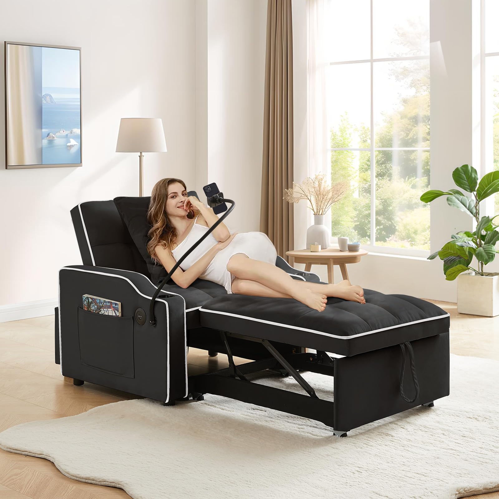 Convertible Single Sleeper Chair Bed,3 in 1 Velvet Futon Sleeper Sofa Bed with Phone Holder&USB Ports,Pull Out Couch Bed,Adjustable Recliner Armchair bed for Living Room,Office,Small Places(Grey)