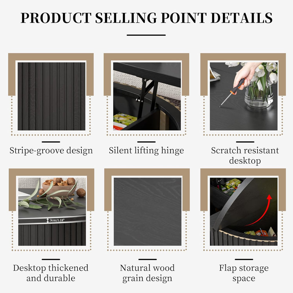 Lift Top Coffee Table with Storage, Round Coffee Tables for Living Room, 34.6In Farmhouse Fluted Coffee Table, Wood Center Table with Large Hiddern Storage Compartment (Black)