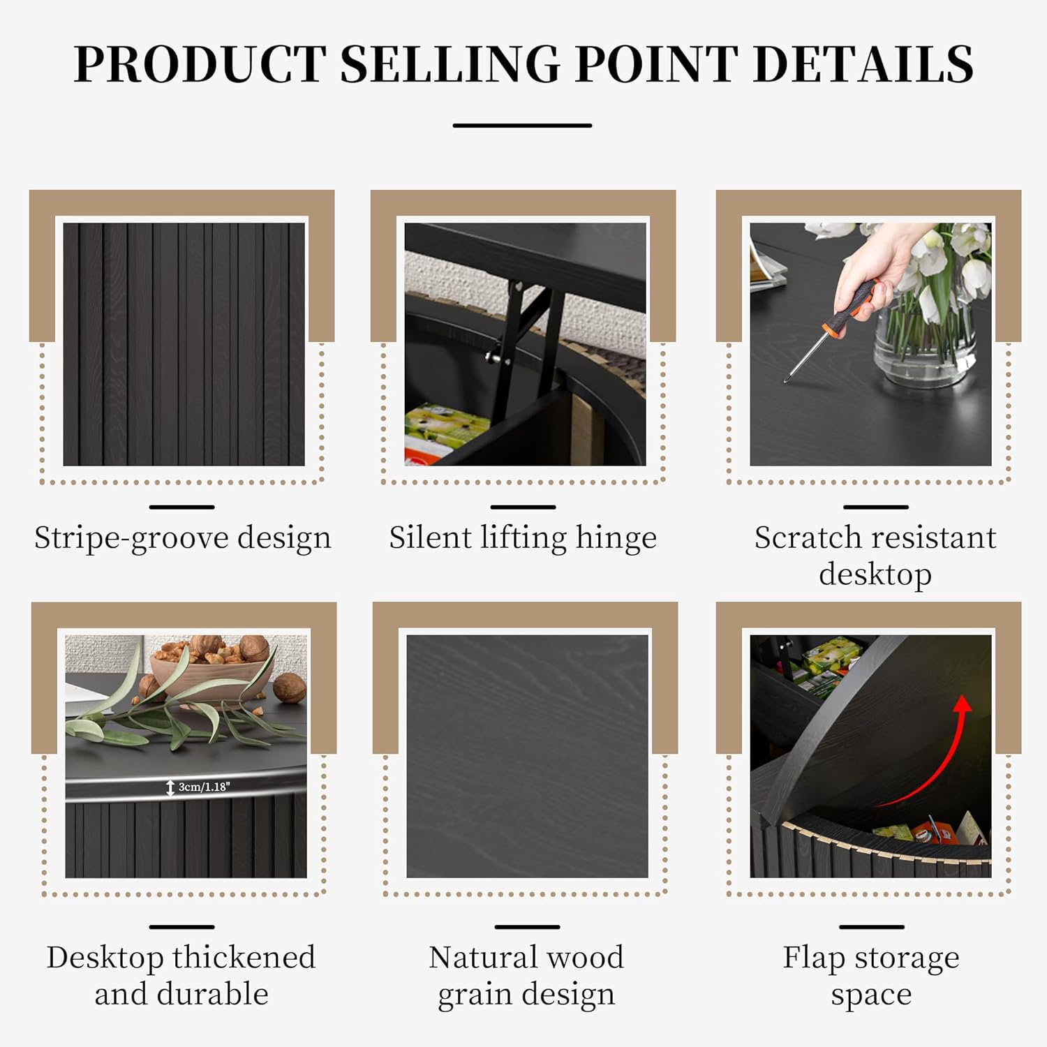 Lift Top Coffee Table with Storage, Round Coffee Tables for Living Room, 34.6In Farmhouse Fluted Coffee Table, Wood Center Table with Large Hiddern Storage Compartment (Black)