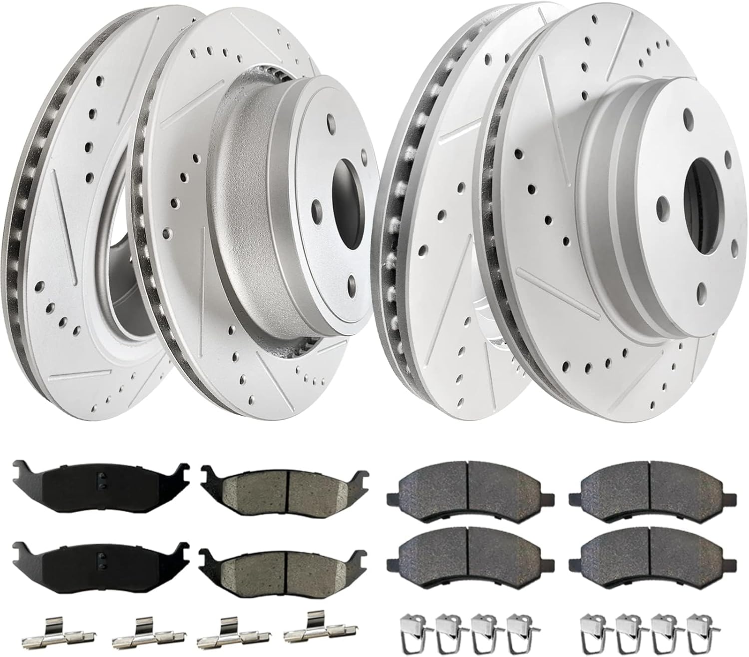 WEIZE Front +Rear Truck & Tow Brake Kit, Carbon Fiber Ceramic Brake Pads & Drilled/Slotted Brake Rotors, Fit for Dodge Ram 1500 & Classic Durango Chrysler Aspen, 5 Lug