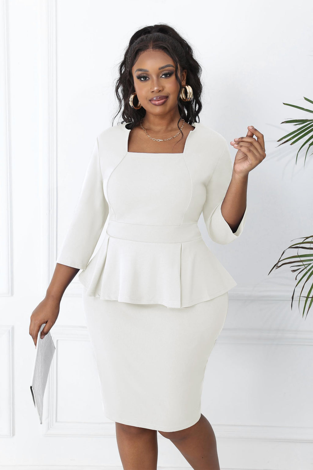 Runwind Plus Size Dresses for Curvy Women Midi Church Sheath Peplum 3/4 Sleeve Work Office Business Bodycon Pencil Dress White 2XL