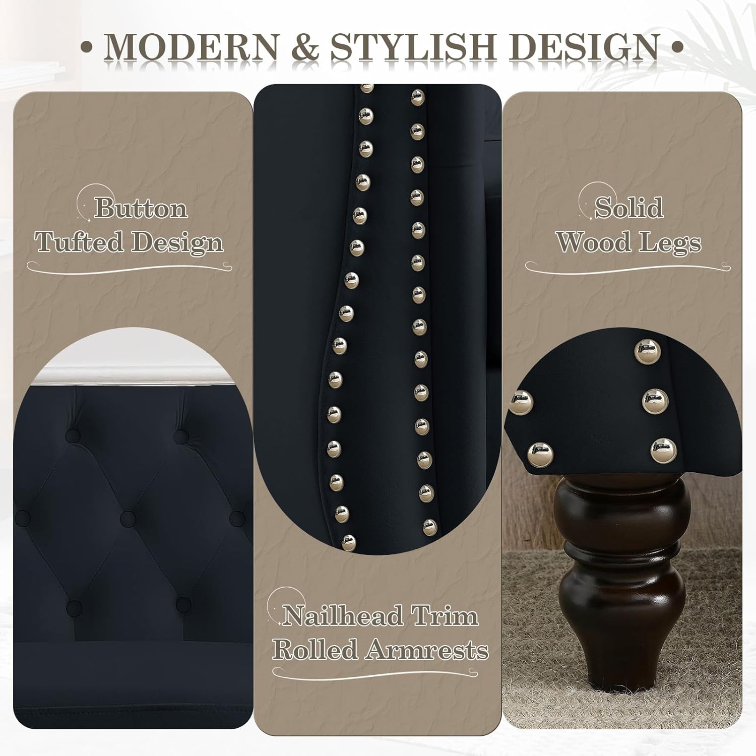 Chesterfield Sofa Couch,80" Button Tufted Velvet Sofa with Rolled Arms&Nailhead Trim,Comfy 3 Seater Sofa,Oversize Mid Century Modern Couch for Living Room,Bedroom,Apartment,Office(Black)