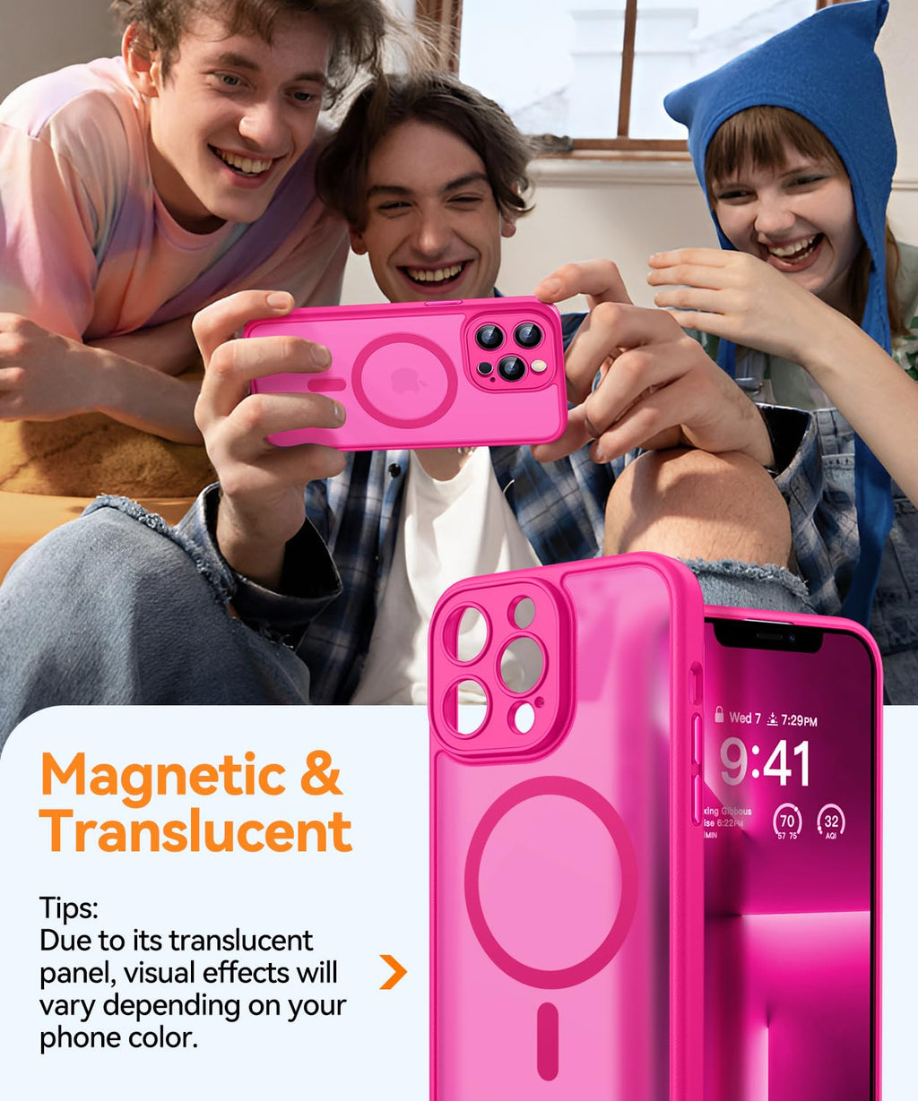 CANSHN 磁気対応 iPhone 13 Pro Max ケース、アップグレード版【フルカメラ保護】【Magsafe対応】【半透明マット】耐衝撃保護スマホケースカバー 6.7インチ - ホットピンク