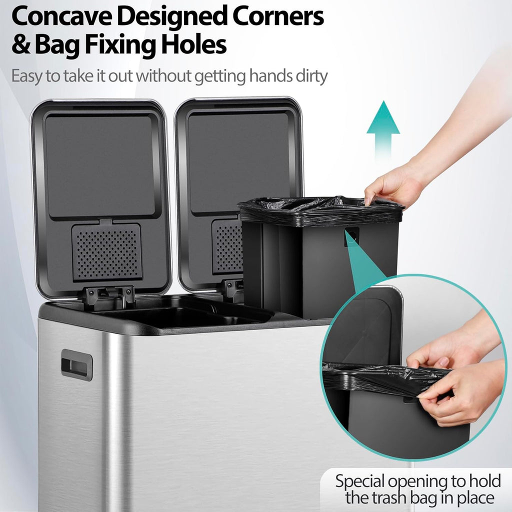 SUPER DEAL Kitchen Trash Can 16 Gallon 60L Dual Stainless Steel Garbage and Recycling Can with Foot Pedal for Kitchen, Living Room, Office, Removable Inner Buckets Soft Close Lid Odor Proof, Silver