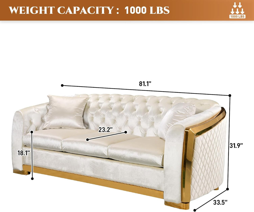 Mid Century Modern Chesterfield Sofa Couch, 81" Velvet Couch White and Gold Sofa Luxury Curved Loveseat for Living Room, 3 Seat Tufted Sofas with 2 Pillows & Classic Gold Legs, Beige White