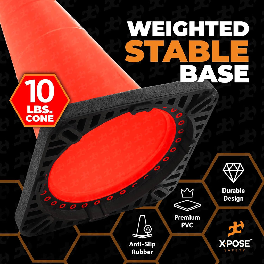 Xpose Safety 28 Inch Orange Traffic Cones Heavy Duty 10lb, 24-Pack - Multipurpose PVC Plastic Safety Cone for Parking, Soccer, Caution, Kids and Construction - DOT Approved