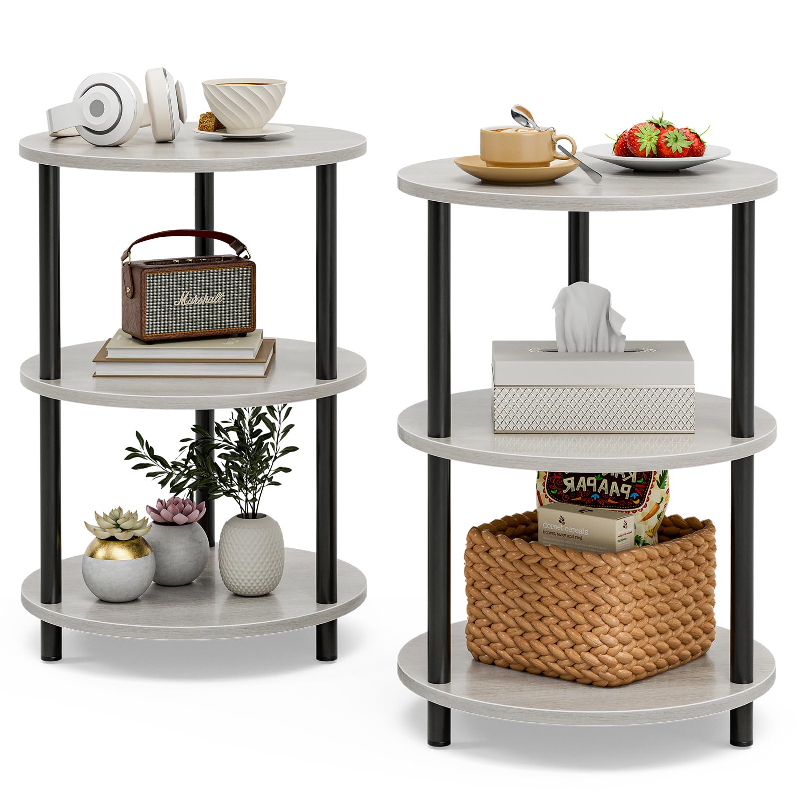 Small Round End Table - 3 Tier Design Accent Table, Narrow Side or Bedside Stand, Industrial Vintage Nightstand for Bedroom, Living Room, or Small Spaces, Rustic Brown