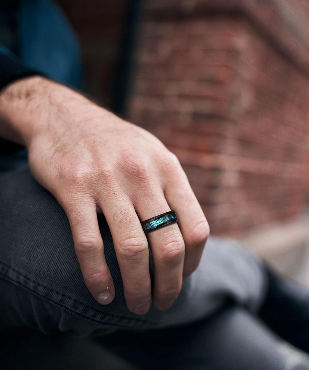 TIGRADE 8MM Abalone Shell Titanium Rings Wedding Bands Comfort Fit Size 6-14