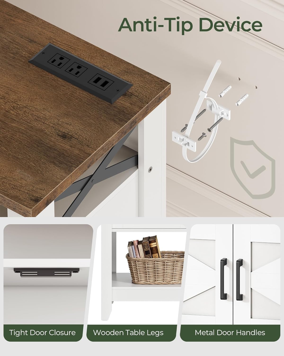 Console Table, Farmhouse Sofa Table with Power Outlet, Entryway Table with Cabinet and Open Shelves, Coffee Bar Cabinet with Storage for Entrance, Hallway, Kitchen, White and Walnut MXG01UWL