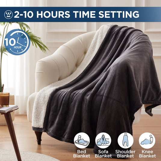 Westinghouse Heated Throw Blanket, Electric Blanket Throw with 6 Heating Levels and 2-10 Hours Time Settings, Flannel to Sherpa Super Cozy Heated Blanket Machine Washable, 50x60 inch, Charcoal