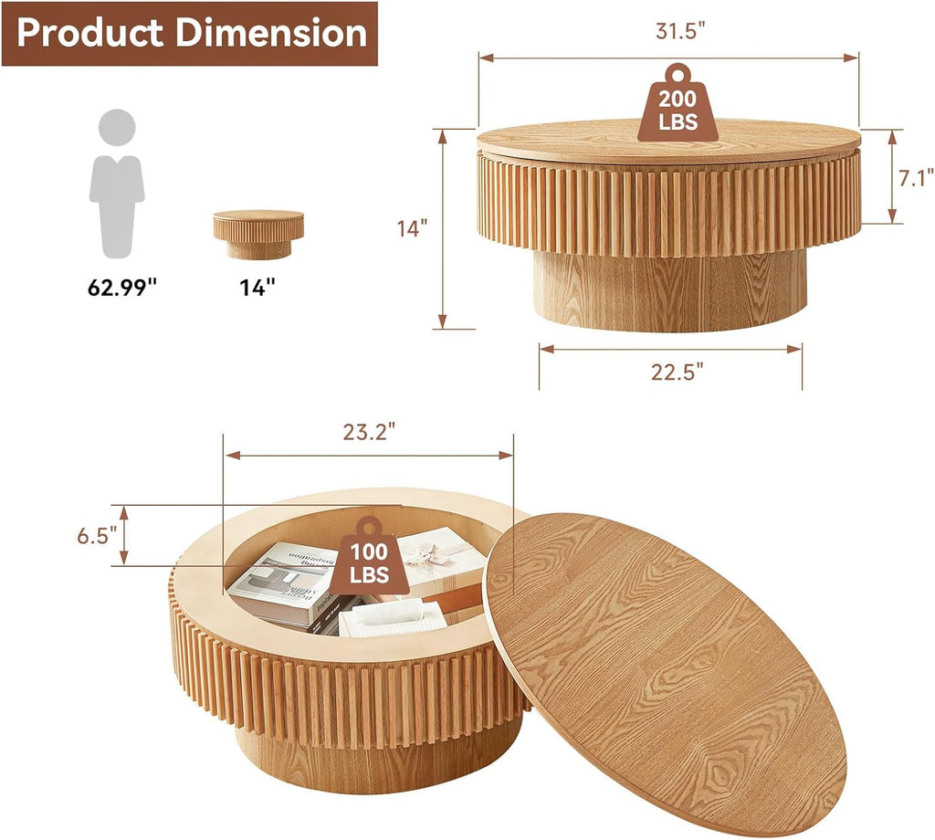 LKTART Round Coffee Table for Living Room, Accent Fluted Drum Coffee Table with Storage, Modern Solid Wood Veneered Circle Center Tea Table for Small Space Apartment (31.5''D×14''H-Natural)