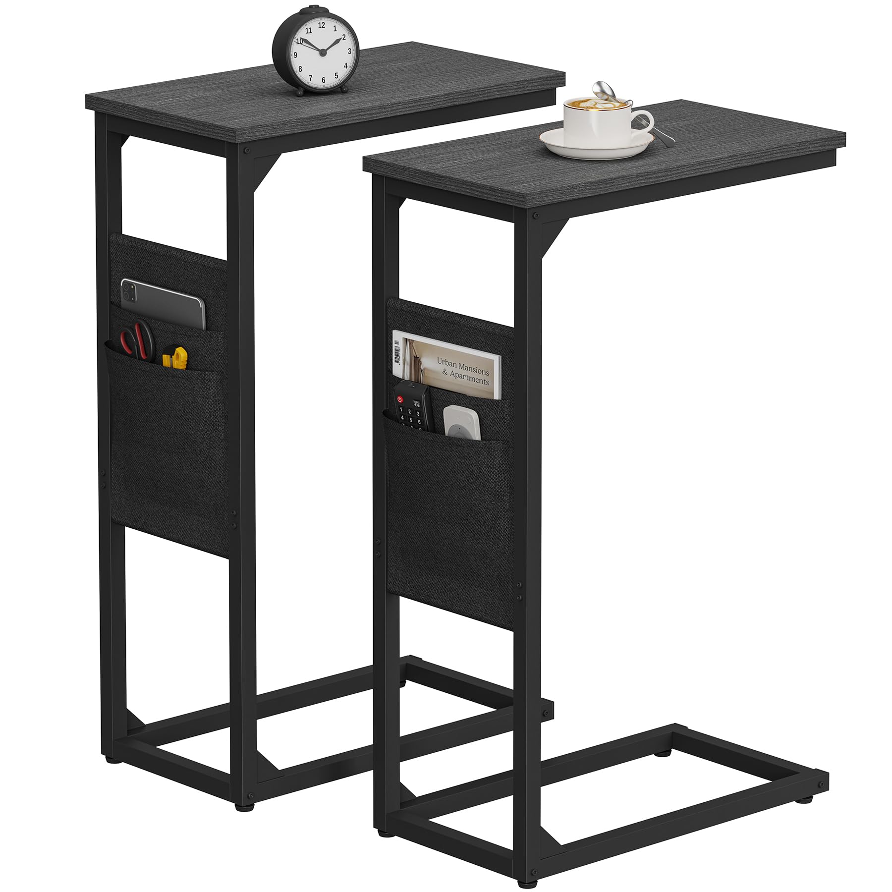 TUTOTAK C Shaped End Table with Charging Station, Side Table for Sofa, Couch Table with Storage Bag, TV Tray with 2 USB Ports and Outlets for Living Room, Bedroom, Brown TB01BB024