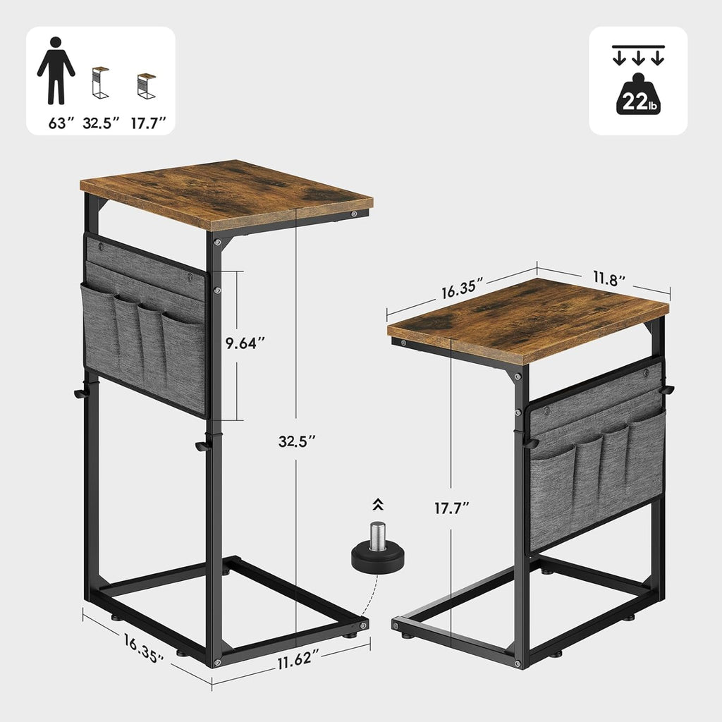 Vagusicc C Shaped End Table, 33'' Tall Side Table for Couch, Adjustable Height Small Couch Side Table for Small Spaces, End Table Slide Under Sofa Table TV Tray Table Arm Table for Living Room, Brown