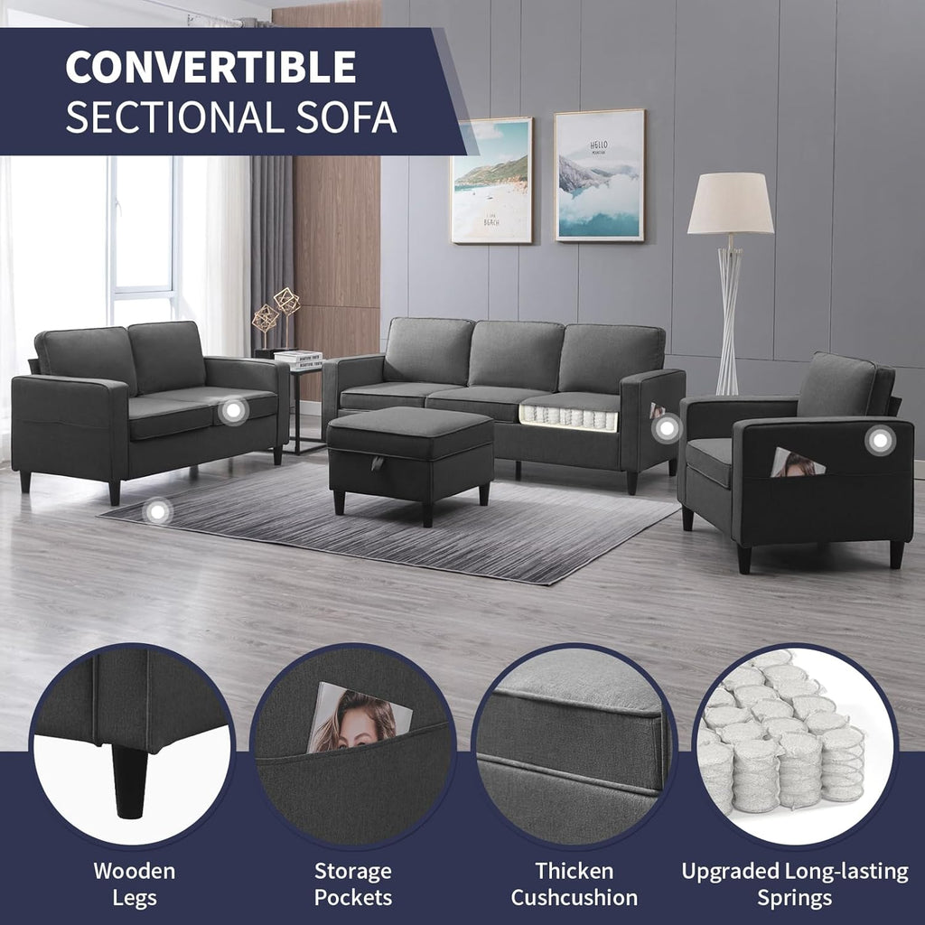 ijuicy Modern 6 Seat Sectional Sofa Set with Movable Storage Ottoman/Side Pockets, 3Pcs Couch Set for Living Room Furniture,3 Seat Living Room Couch & Loveseat & Armchair(3+2+1,Dark Grey)