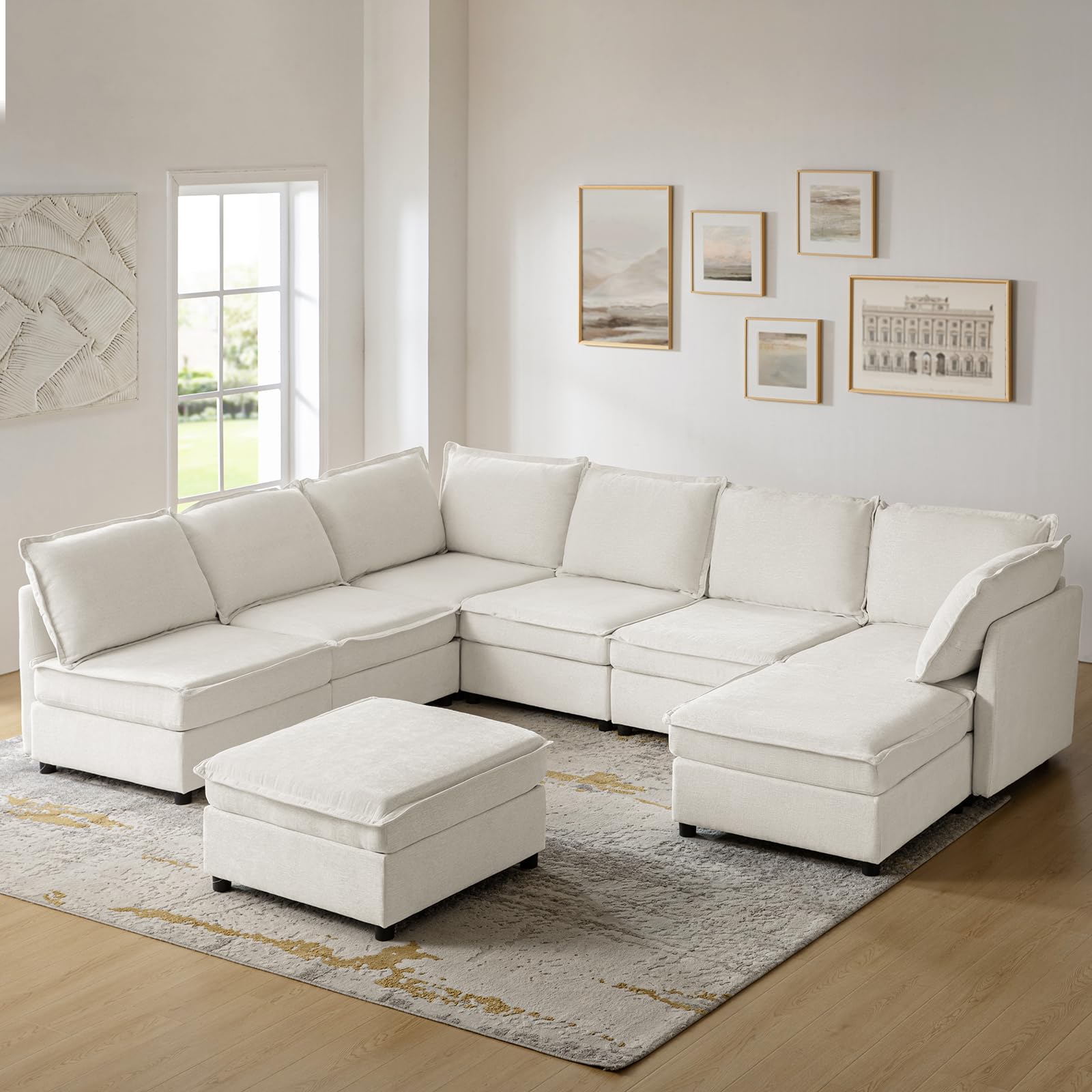 HULALA HOME 127'' Modular Sectional Sofa, Oversized U Shaped Couch with Storage Ottoman, Extra Deep Seat, Modern Comfy Chenille Sofa with Chaise, 6 Seat Convertible Couches for Living Room, Beige