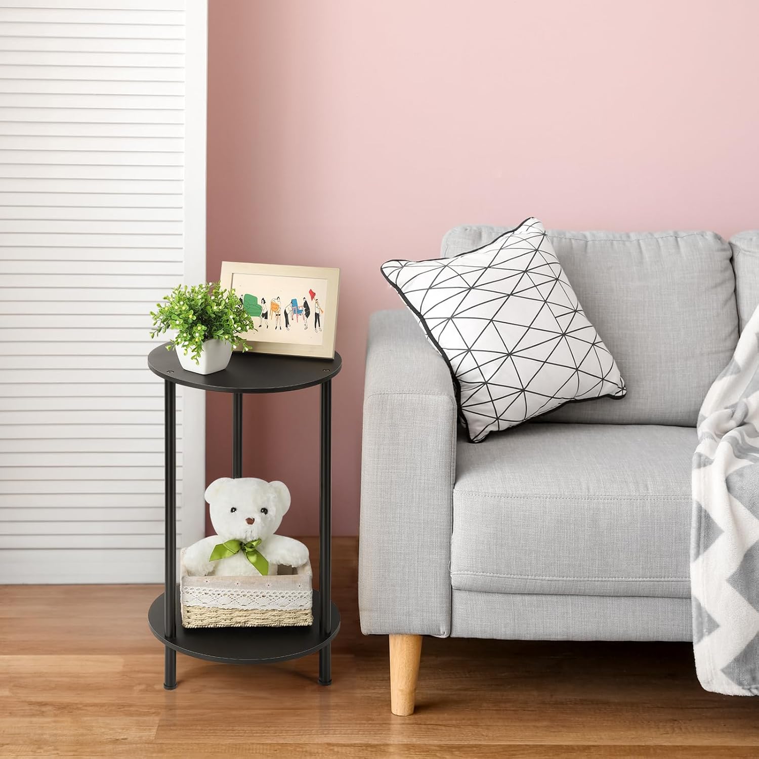 MOOACE End Tables Set of 2, Small Side Table, 2-Tier Nightstand with Storage Shelves, Round Sofa Bedside Table Coffee Desk for Living Room, Bedroom, Bathroom, Office, Black