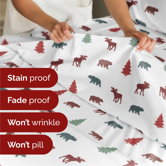 King Christmas Tree Sheet Set - Holiday Xmas Pattern Linen Set - Deep Pockets - Snug Fit - 4 Piece - Wrinkle Free - Comfy & Cooling Festive Winter Bedding - Easy To Care For - Kid Friendly