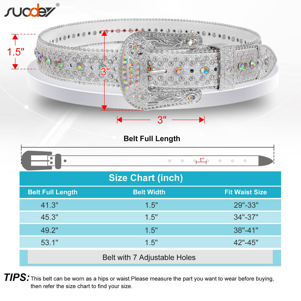SUOSDEY Men Women Rhinestone Belt Western Cowboy Cowgirl Shine Crystal Diamond Studded Luxury Strap Belts,Silver