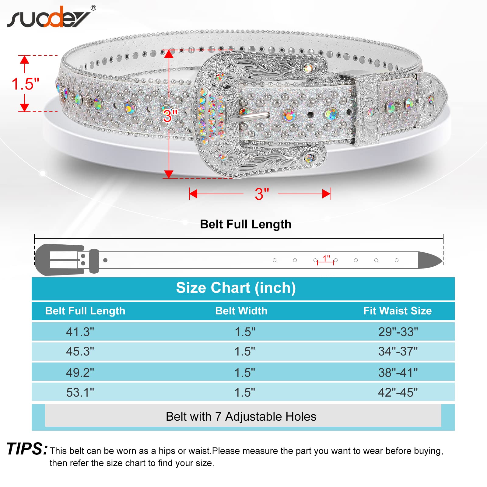 SUOSDEY Men Women Rhinestone Belt Western Cowboy Cowgirl Shine Crystal Diamond Studded Luxury Strap Belts,Silver