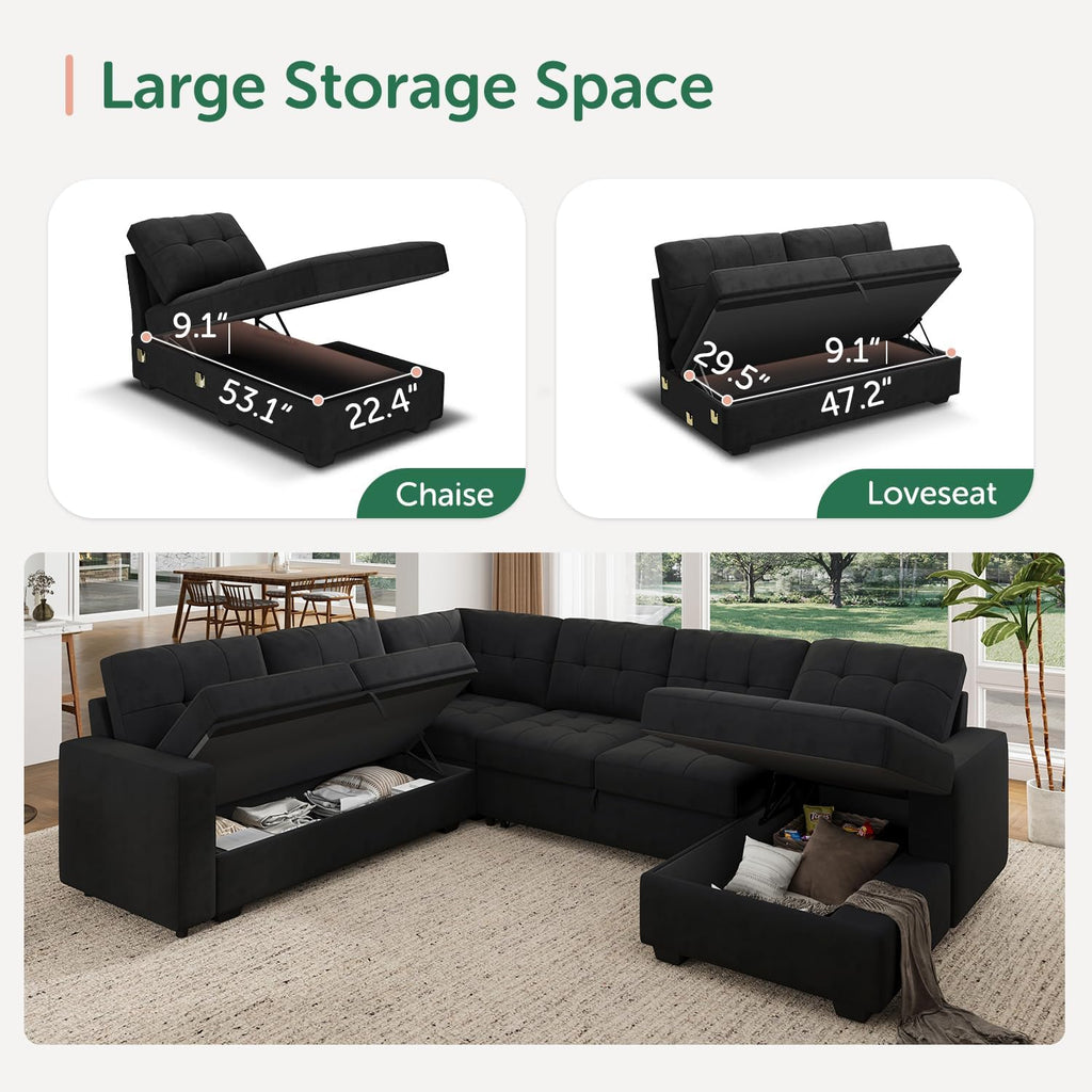 HONBAY Sectional Sleeper Sofa with Pull Out Bed, Sleeper Sectional Couch for Living Room, Sofa Bed with Storage Chaise, Velvet Black