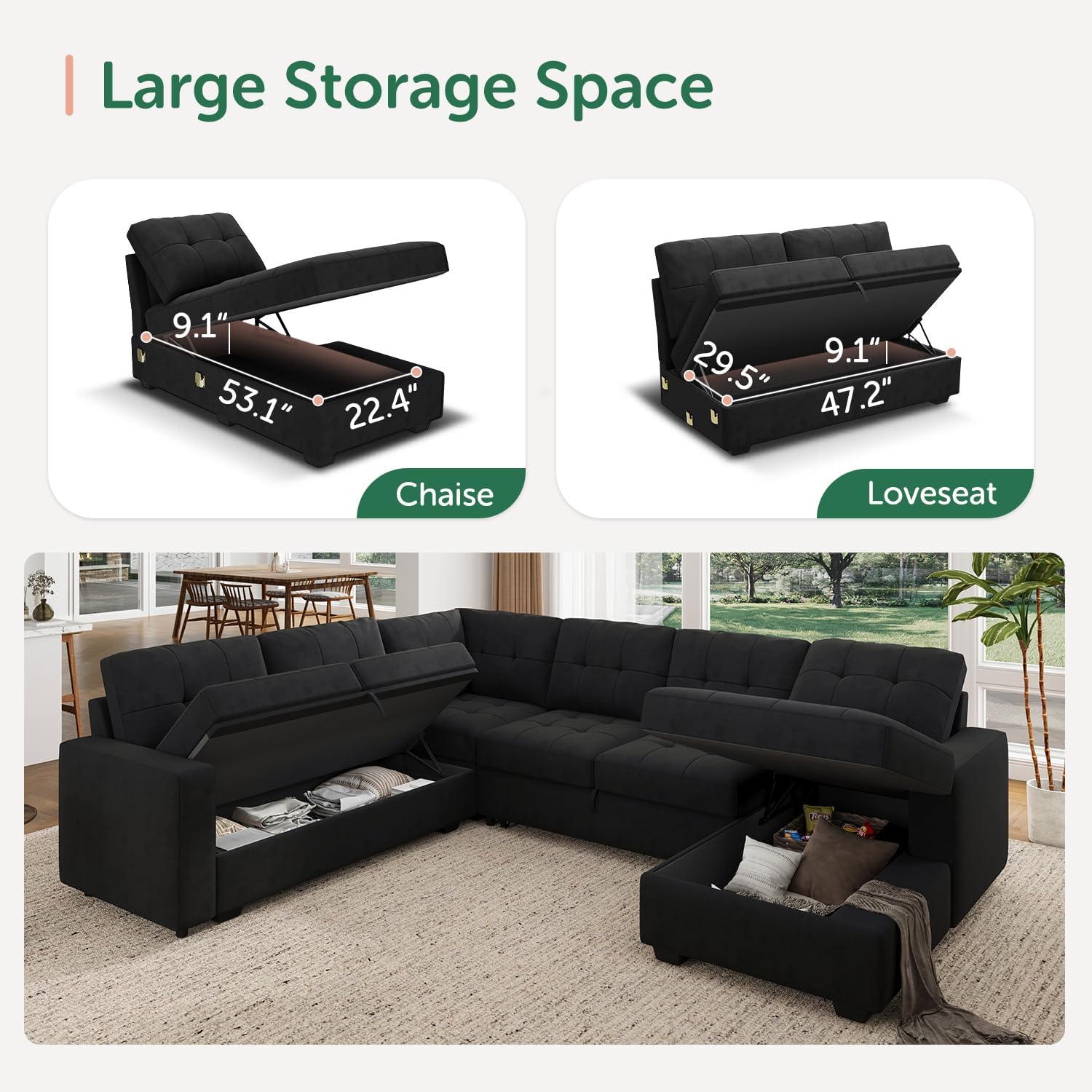 HONBAY Sectional Sleeper Sofa with Pull Out Bed, Sleeper Sectional Couch for Living Room, Sofa Bed with Storage Chaise, Velvet Black