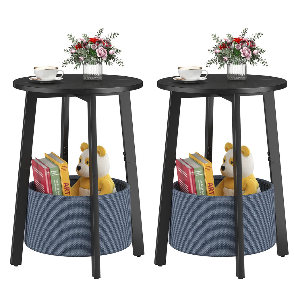 Small Round Side End Table with Cloth Storage Basket, Round Bedside Sofa Couch Coffee Tables for Small Places with Metal Frame, Modern Nighstands for Living Room Bedroom, Grey