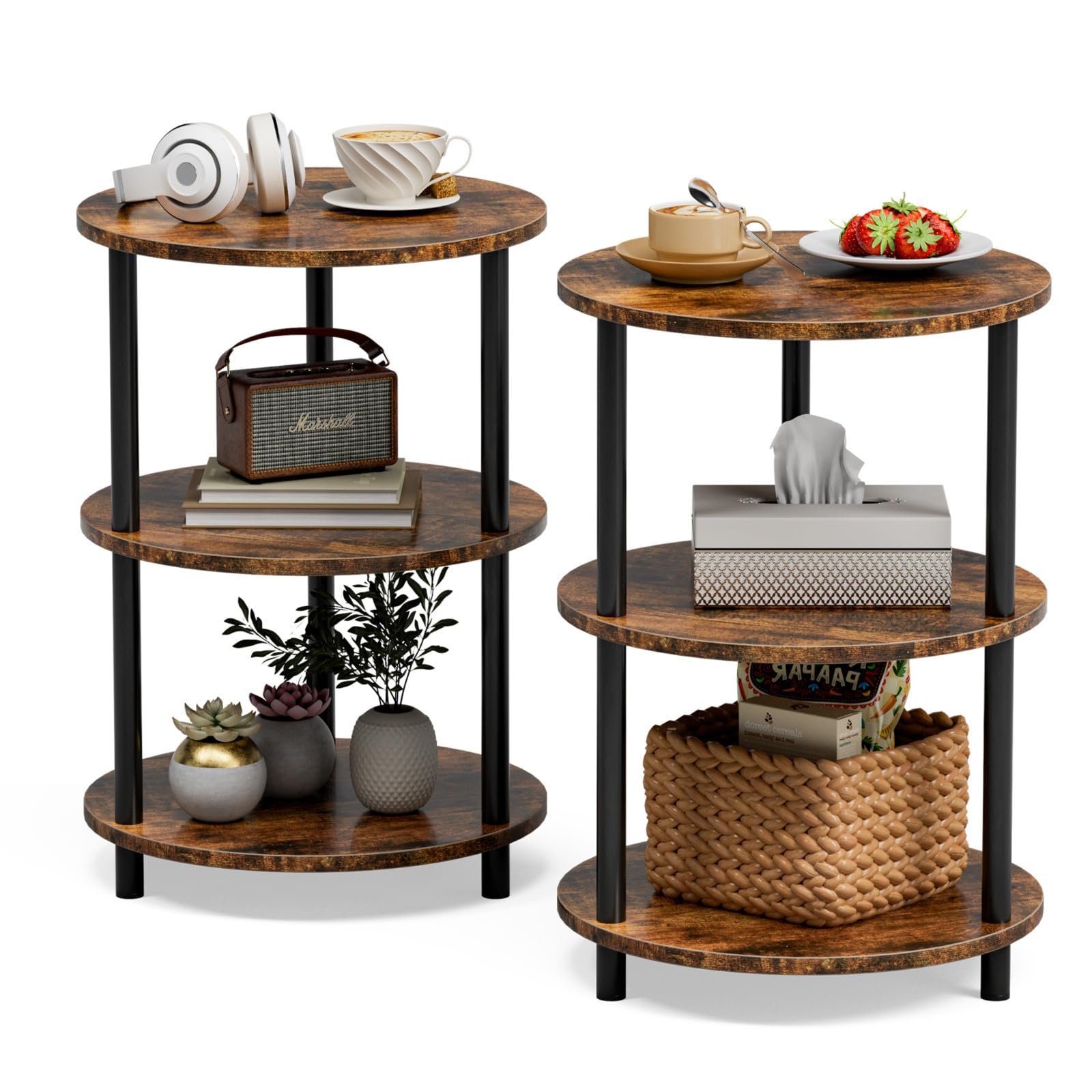 Small Round End Table - 3 Tier Design Accent Table, Narrow Side or Bedside Stand, Industrial Vintage Nightstand for Bedroom, Living Room, or Small Spaces, Rustic Brown