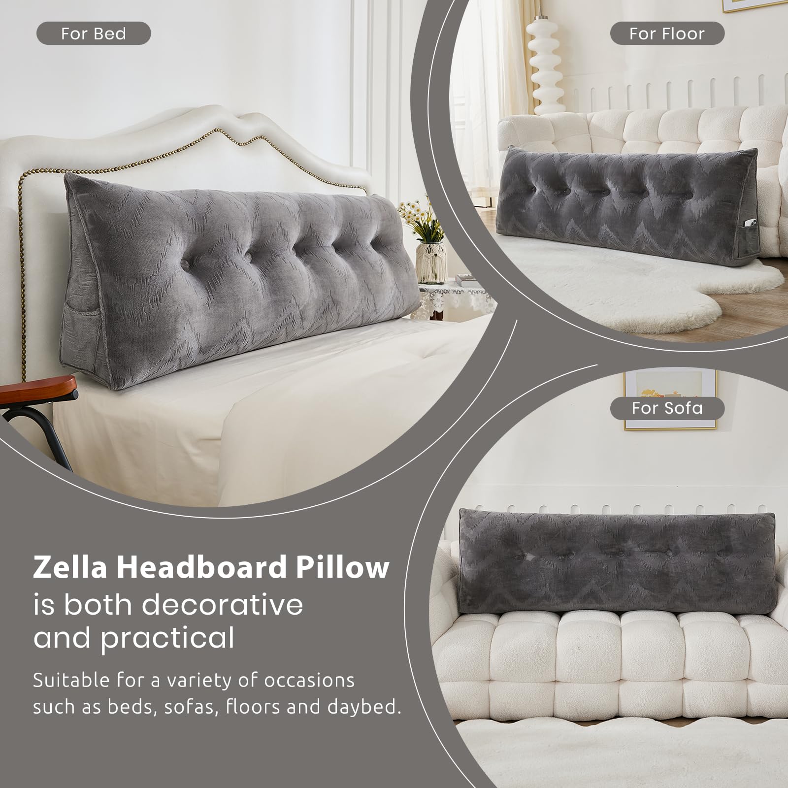 Zelladorra Headboard Pillow for Bed,Triangular Wedge Pillow Headboard Soft Support While Reading and Resting,Bed Bolster Cushion Headboard with Removable Cover,Dark Grey, Queen (59"x8"x20")