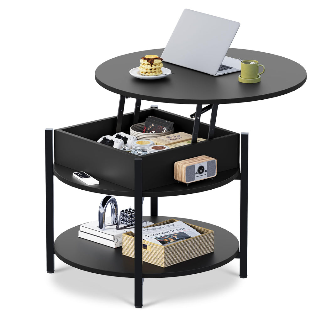 WLIVE Round Lift Top Coffee Table with Storage Shelf and Hidden Compartment, Farmhouse Small Coffee Table with 2 Tier for Living Room and Home Office, Rustic Brown