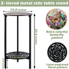 2-Tier Metal Round Side Table Black Accent Coffee Tables Small Space Corner Plant Stand Shelf for Indoor Outdoor Use Patio Balcony End Table Butterfly Print Weather-Resistant