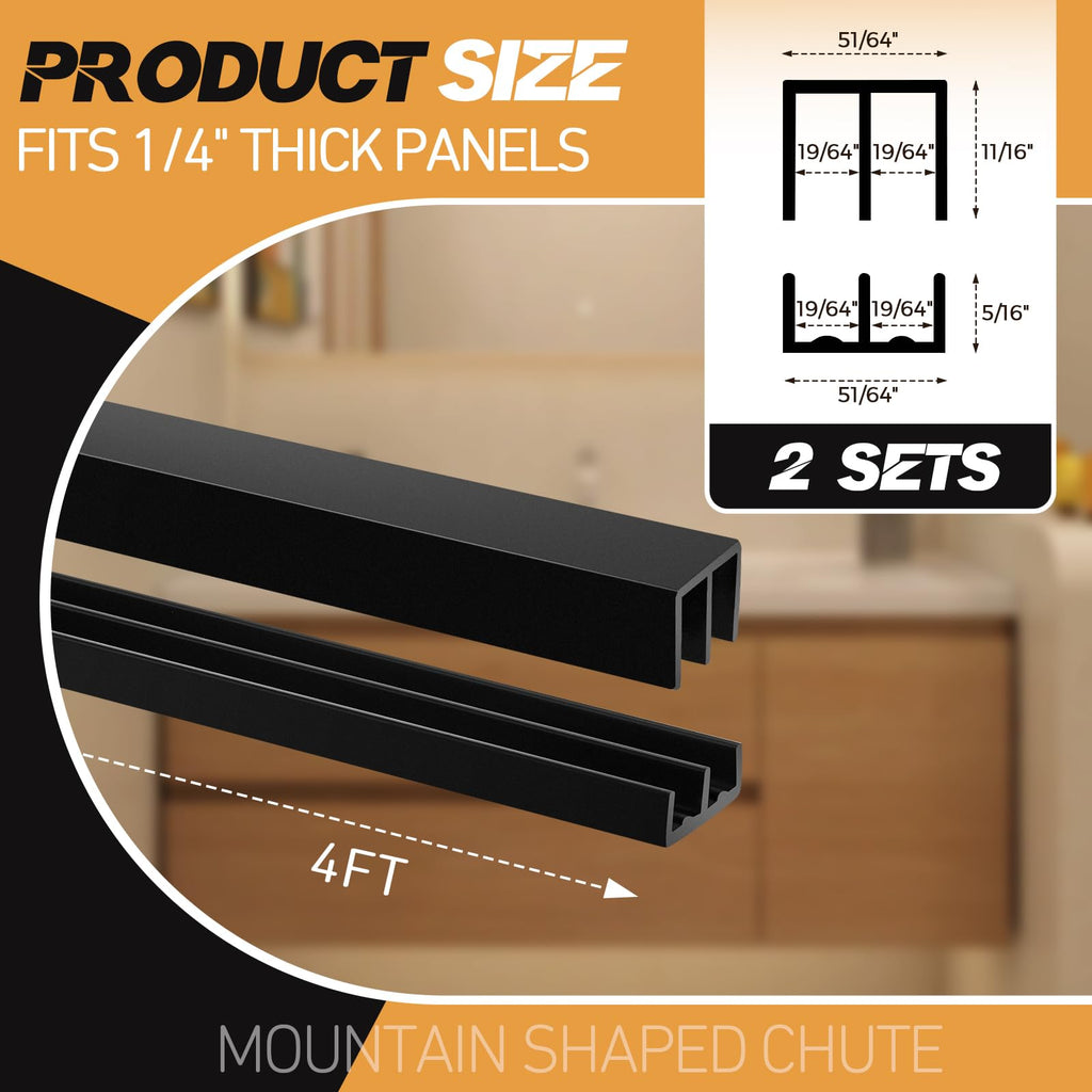 Landical 2 Sets Plastic Sliding Door Track Set for 1/4" Thick Panels Glass Cabinet Door Hardware System Window Sliding Track Easy Quick Installation(4ft,Black)