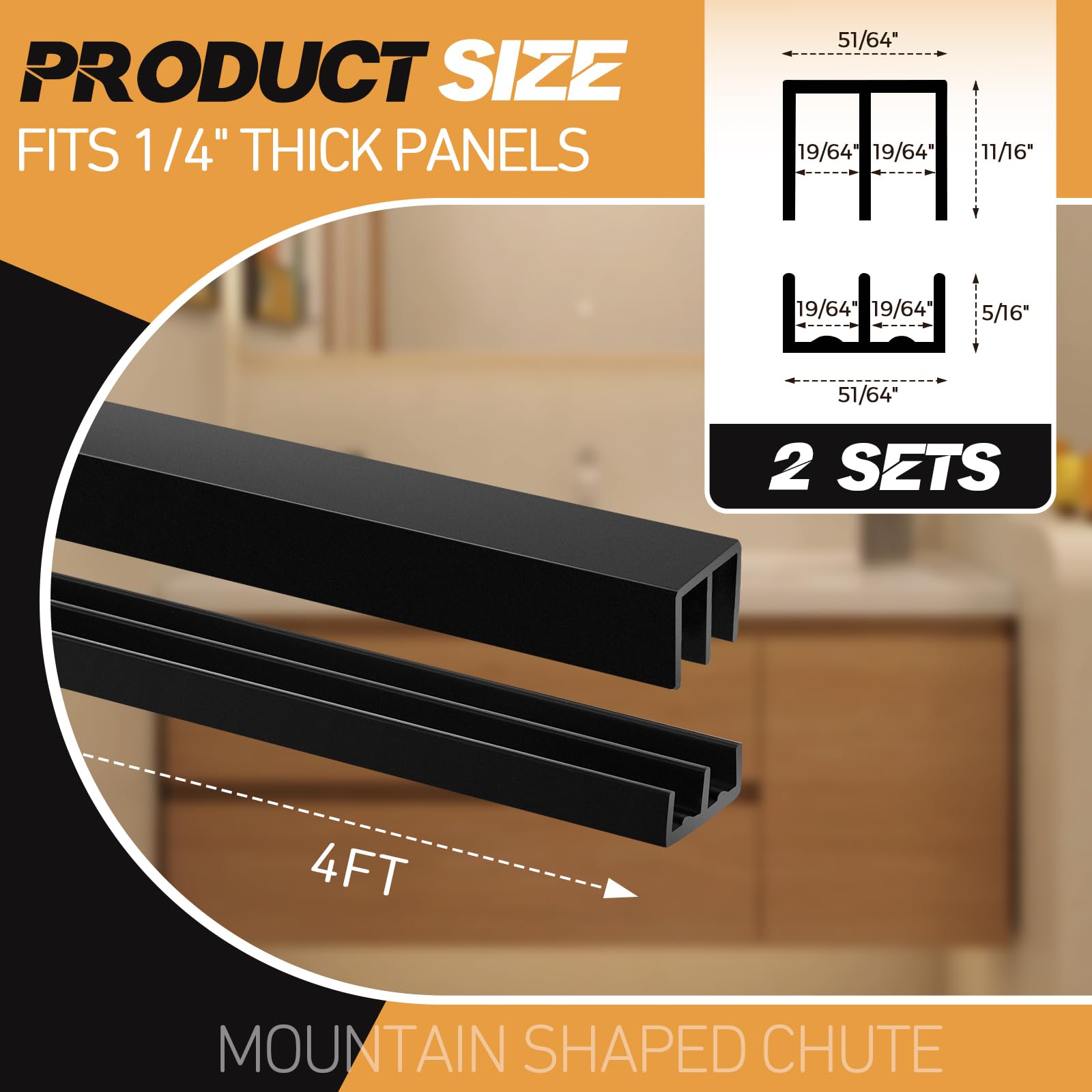 Landical 2 Sets Plastic Sliding Door Track Set for 1/4" Thick Panels Glass Cabinet Door Hardware System Window Sliding Track Easy Quick Installation(4ft,Black)
