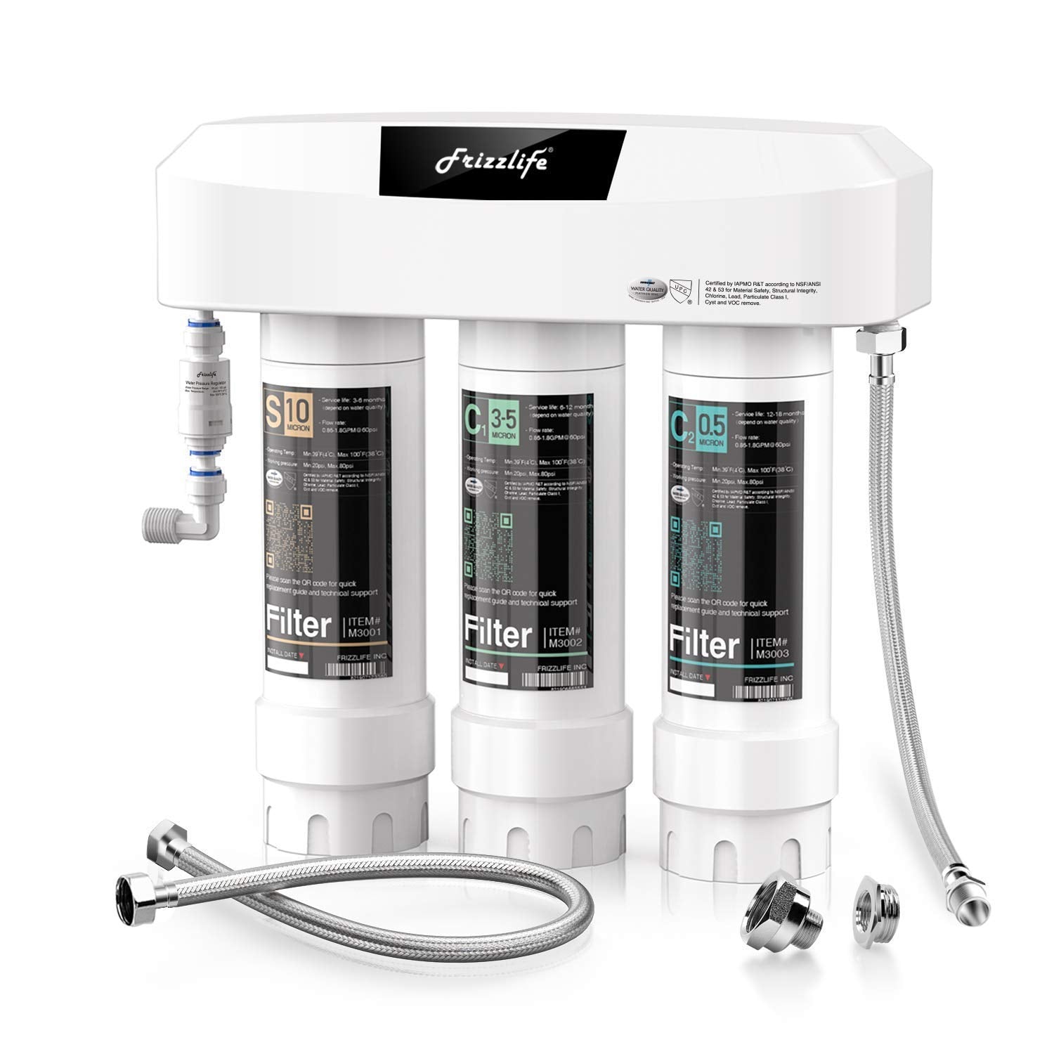 Frizzlife Under Sink Water Filter System with Brushed Nickel Faucet SP99-NEW, NSF/ANSI 42&53 Certified 3-Stage 0.5 Micron Removes Lead, Chlorine, Chloramine, Fluoride, Quick Change, Do not Lower TDS