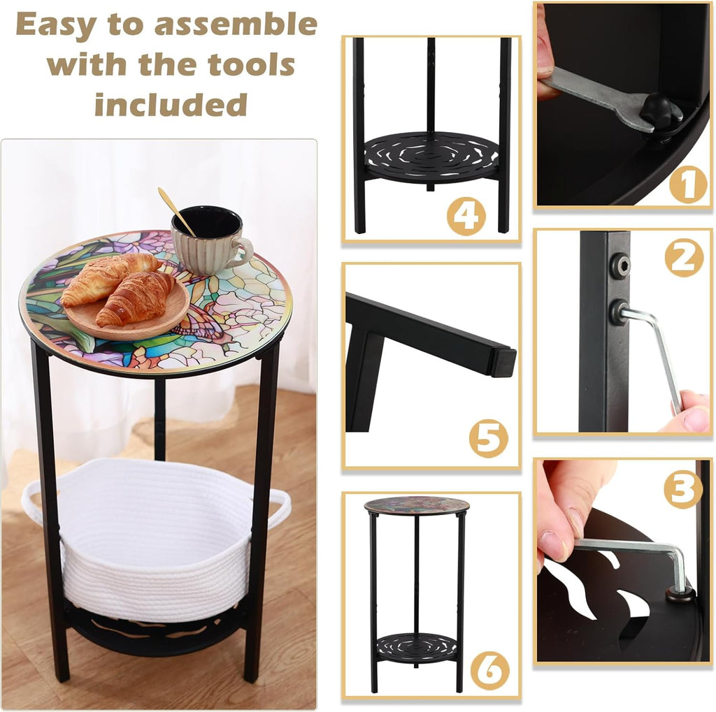 2-Tier Metal Round Side Table Black Accent Coffee Tables Small Space Corner Plant Stand Shelf for Indoor Outdoor Use Patio Balcony End Table Butterfly Print Weather-Resistant